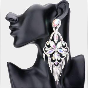 Marquise Stone Flower Accented Chandelier Evening Earrings